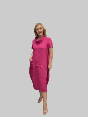 GRIZAS -SLEEVELESS SCULPTED FUCHSIA LINEN DRESS