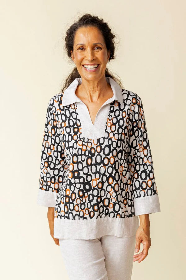 HABITAT CLOTHES- INNER CIRCLE COLLARED VLOUSE- BLACK/OATMEAL COMBO