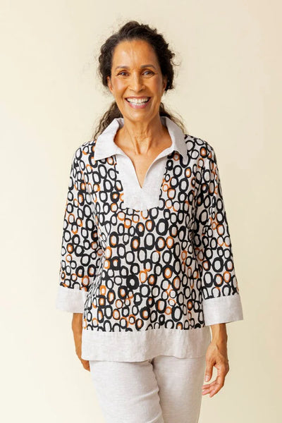 HABITAT CLOTHES- INNER CIRCLE COLLARED VLOUSE- BLACK/OATMEAL COMBO