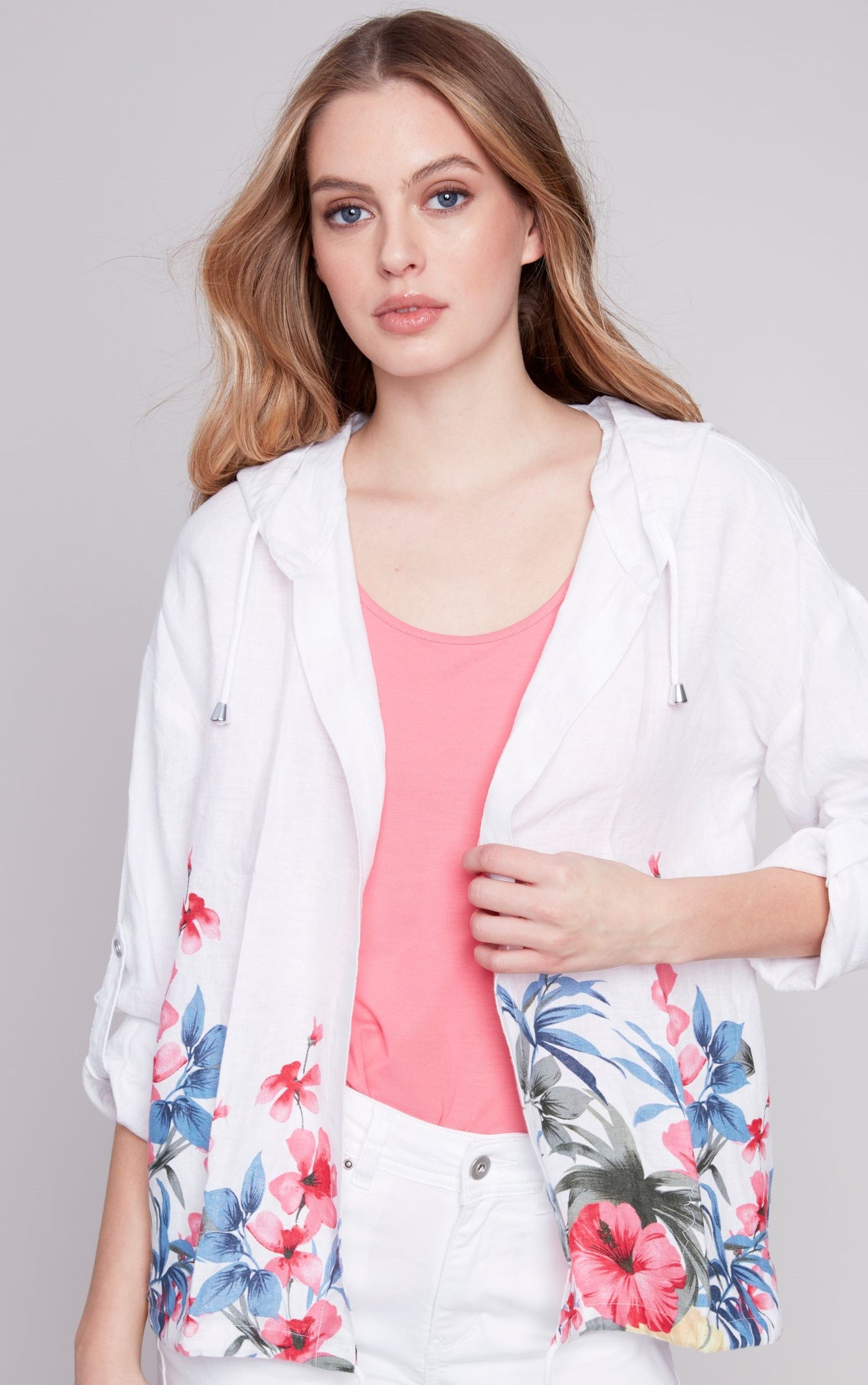 CHARLIE B FLORAL PRINT- ROLL UP SLEEVE HOODED TOP
