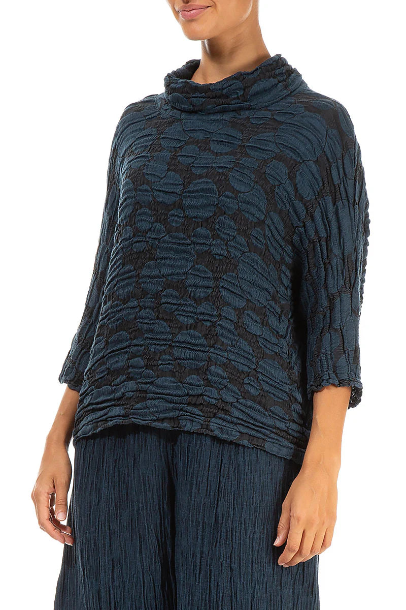 GRIZAS COWL NECK MIDNIGHT BLUE CIRCLE SILK LINEN BLOUSE