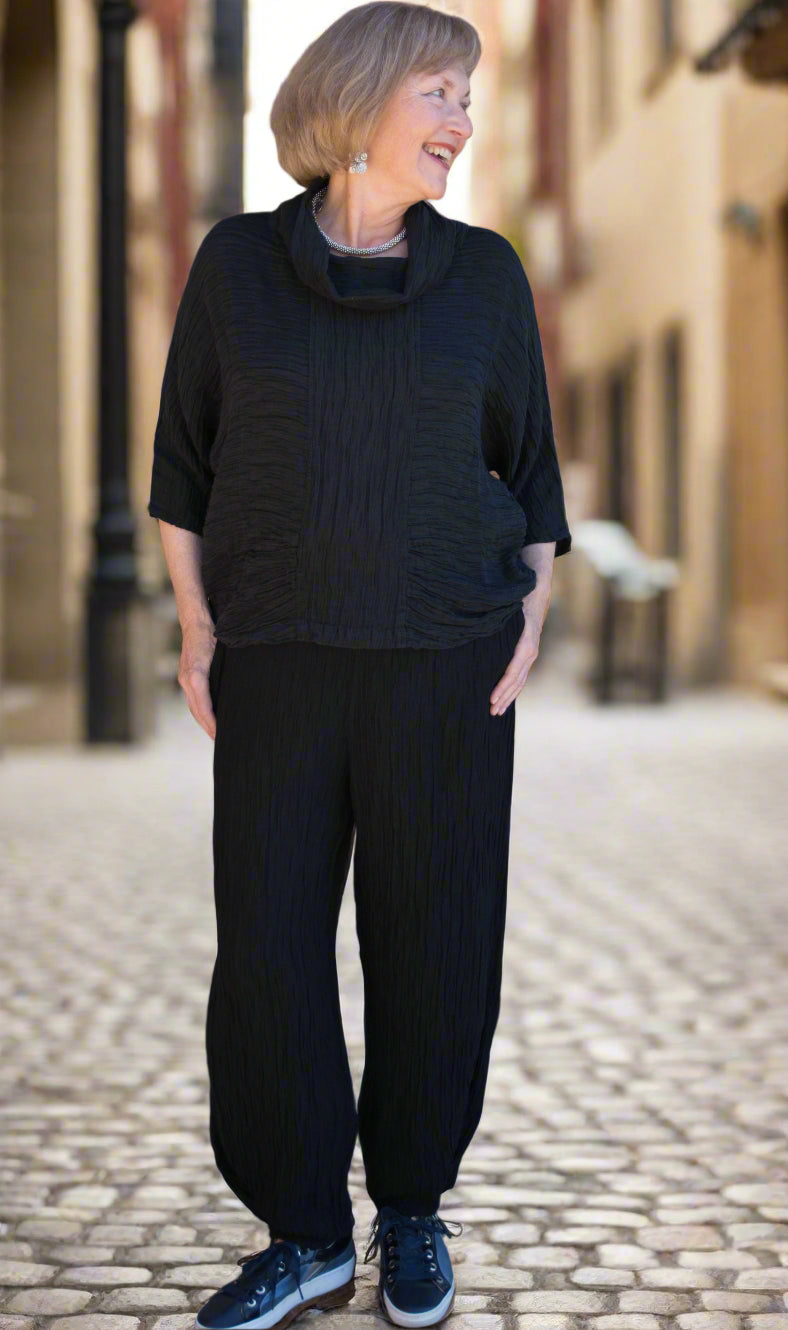 GRIZAS COWL NECK- CRINKLED SILK BLOUSE - BLACK-5403