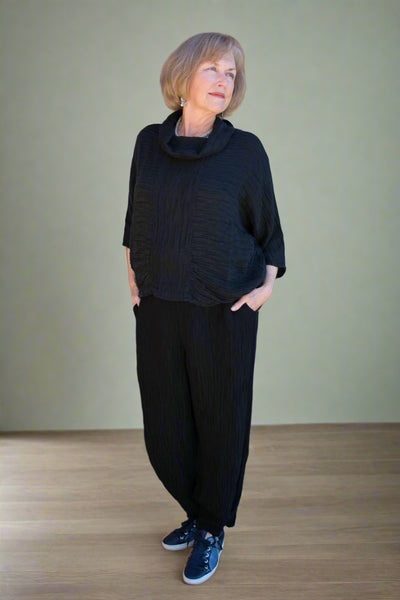 GRIZAS COWL NECK- CRINKLED SILK BLOUSE - BLACK-5403