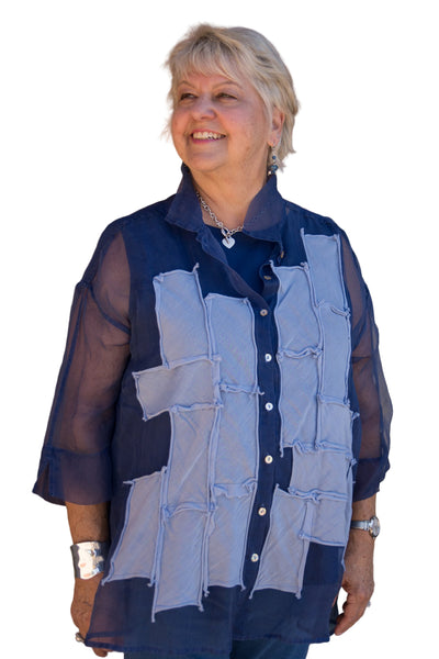 GRIZAS PATCH DECOR BLUE NOVA SILK CHIFFON SHIRT