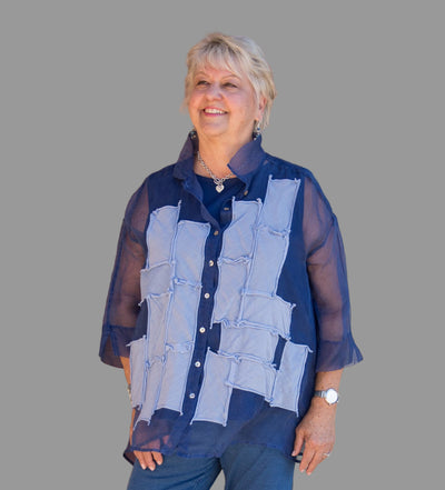 GRIZAS PATCH DECOR BLUE NOVA SILK CHIFFON SHIRT