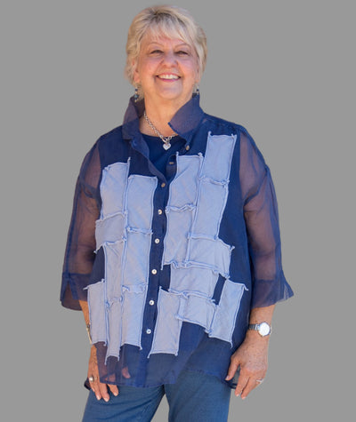 GRIZAS PATCH DECOR BLUE NOVA SILK CHIFFON SHIRT