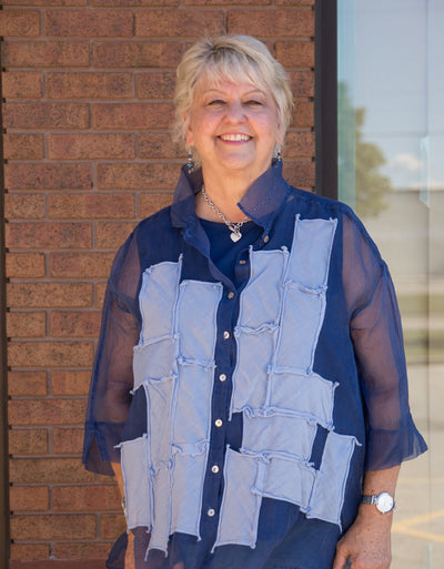 GRIZAS PATCH DECOR BLUE NOVA SILK CHIFFON SHIRT