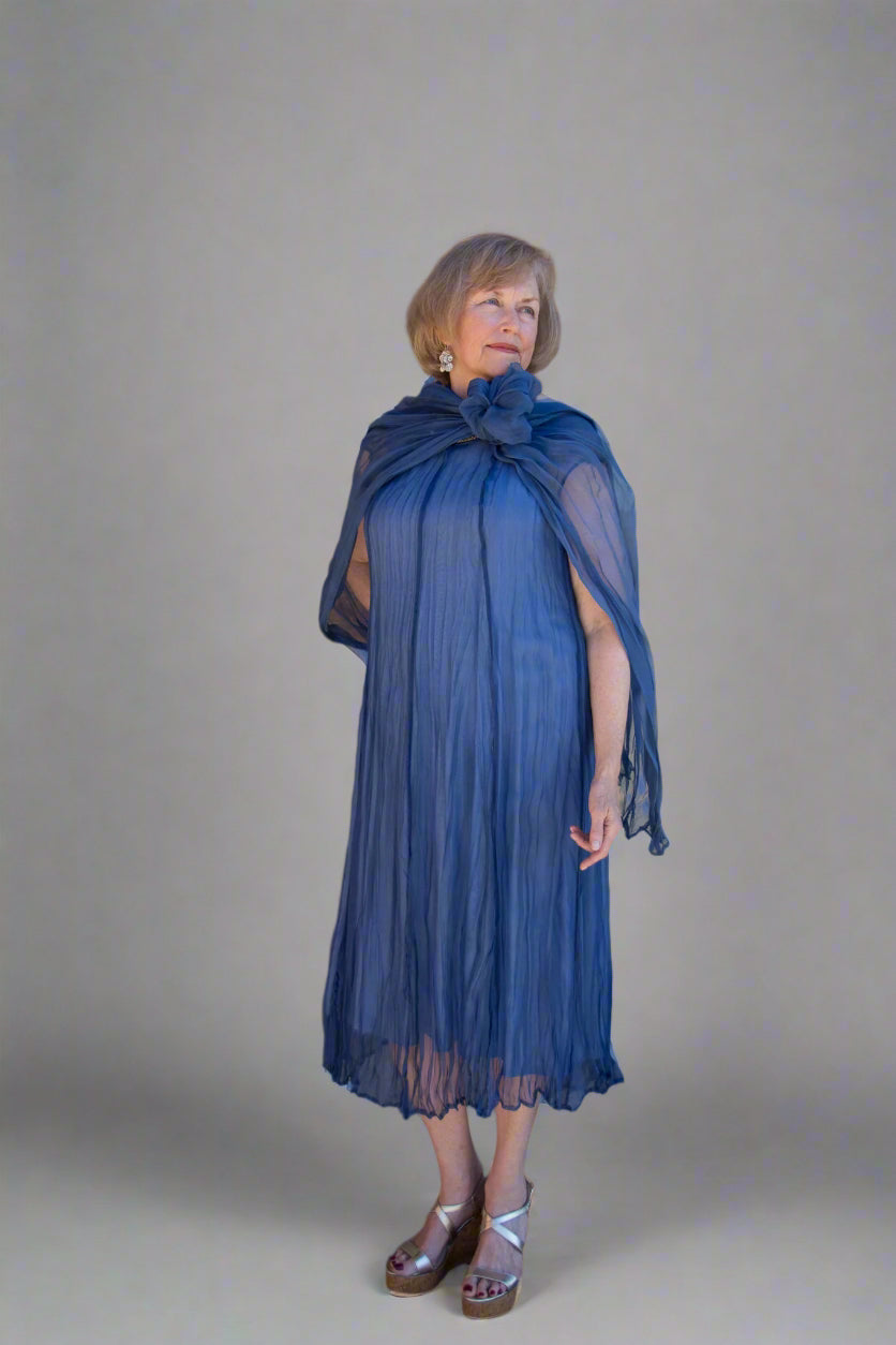 GRIZAS BLUE NOVA CRUMPLED SILK CHIFFON DRESS