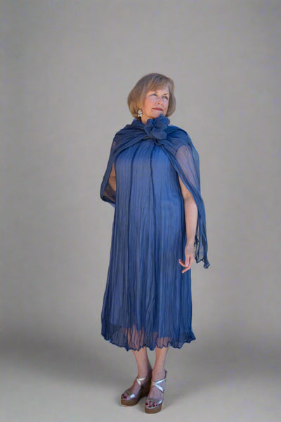 GRIZAS BLUE NOVA CRUMPLED SILK CHIFFON DRESS