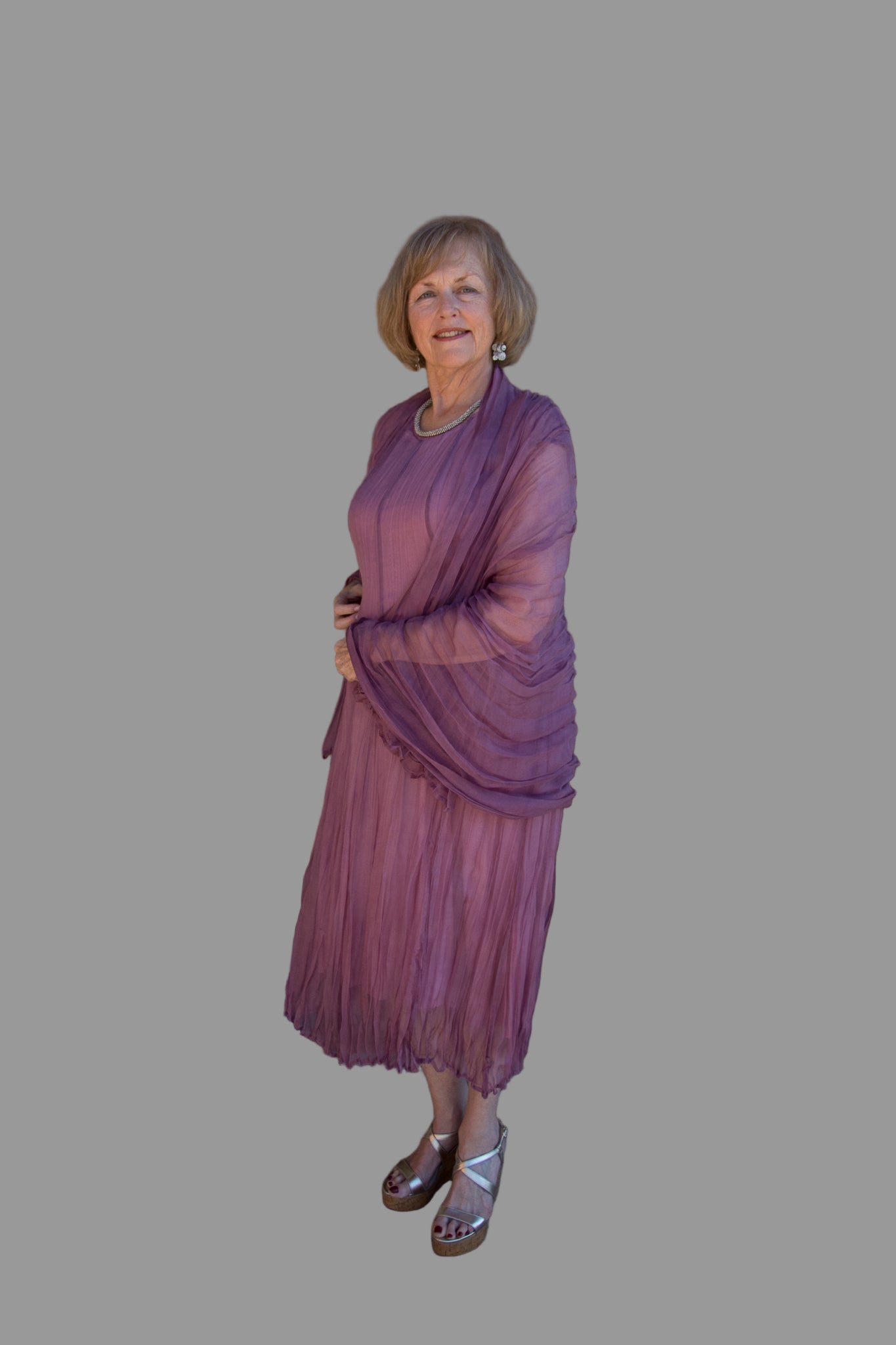 GRIZAS MAUVE TAUPE CRUMPLED SILK CHIFFON DRESS