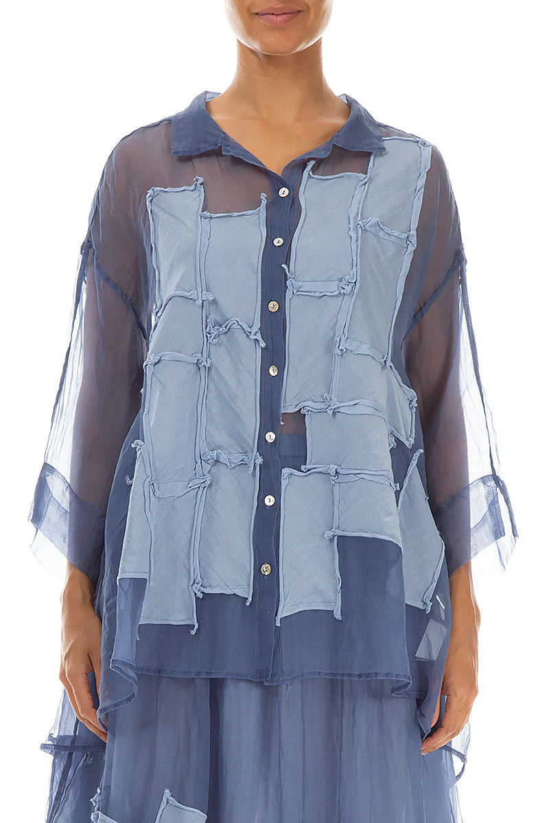GRIZAS PATCH DECOR BLUE NOVA SILK CHIFFON SHIRT