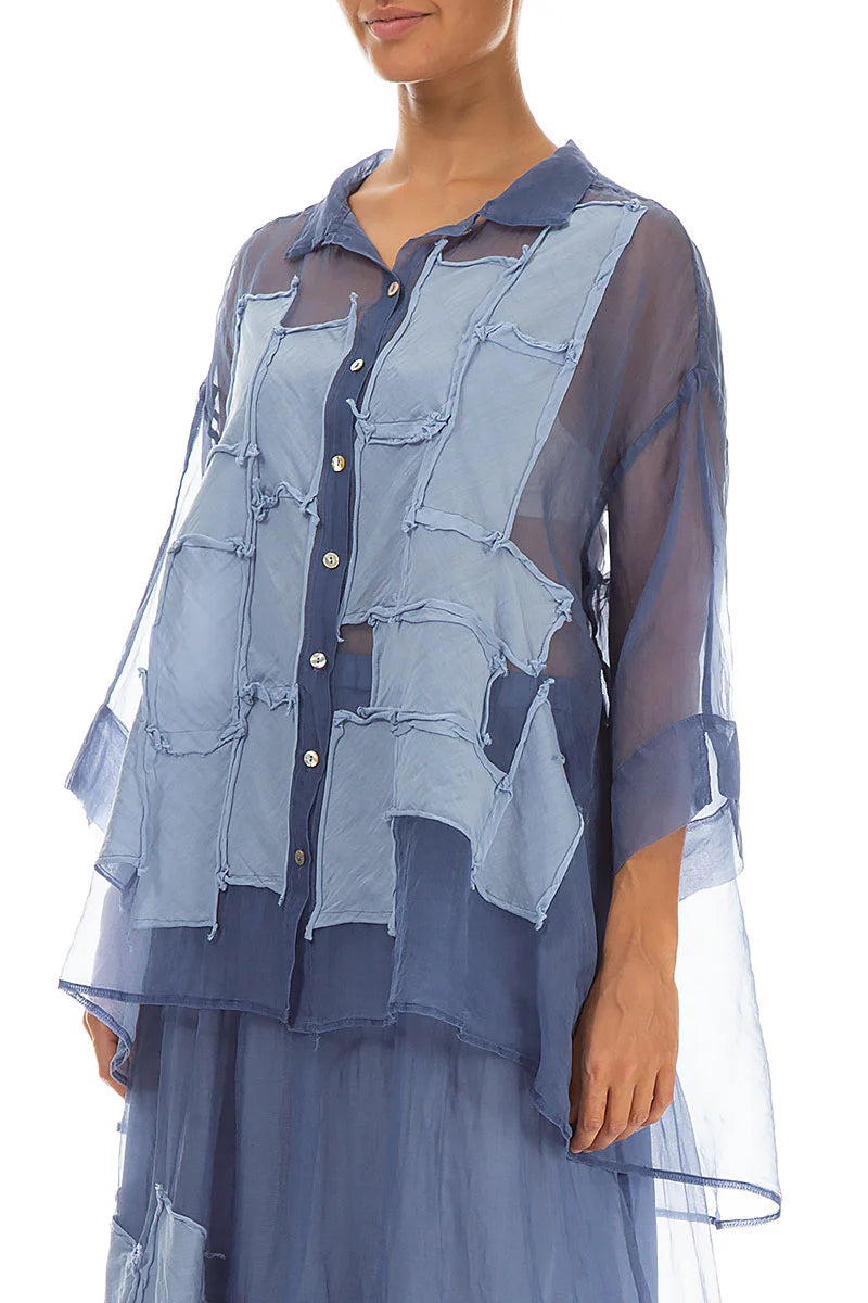 GRIZAS PATCH DECOR BLUE NOVA SILK CHIFFON SHIRT