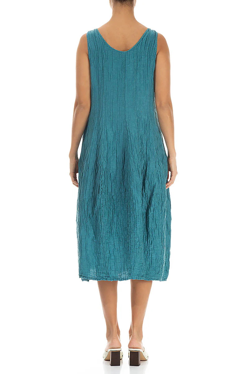 GRIZAS SLEEVELESS BALLON CRINKLED TURQUOISE SILK LINEN DRESS