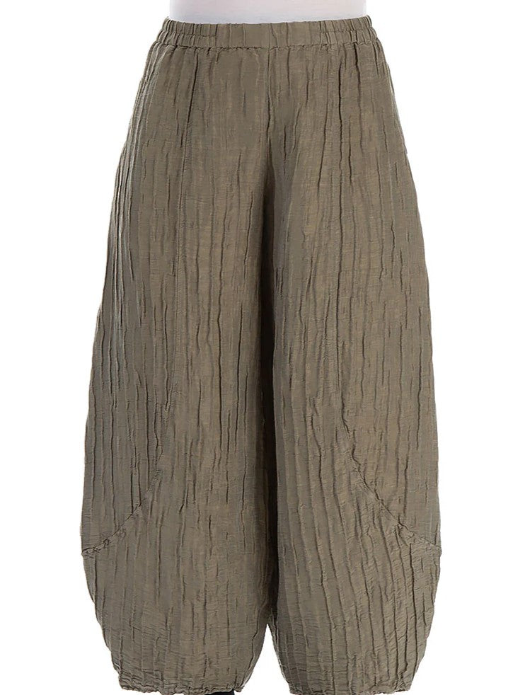 GRIZAS TAPER CRINKLED BRONZY SAGE SILK TROUSERS