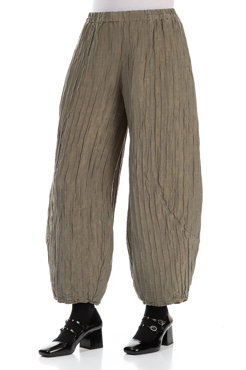 GRIZAS TAPER CRINKLED BRONZY SAGE SILK TROUSERS