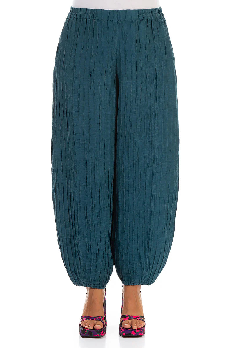 GRIZAS TAPER DARK TEAL CRINKLED SILK LINEN TROUSERS