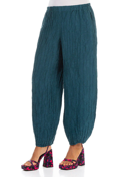 GRIZAS TAPER DARK TEAL CRINKLED SILK LINEN TROUSERS