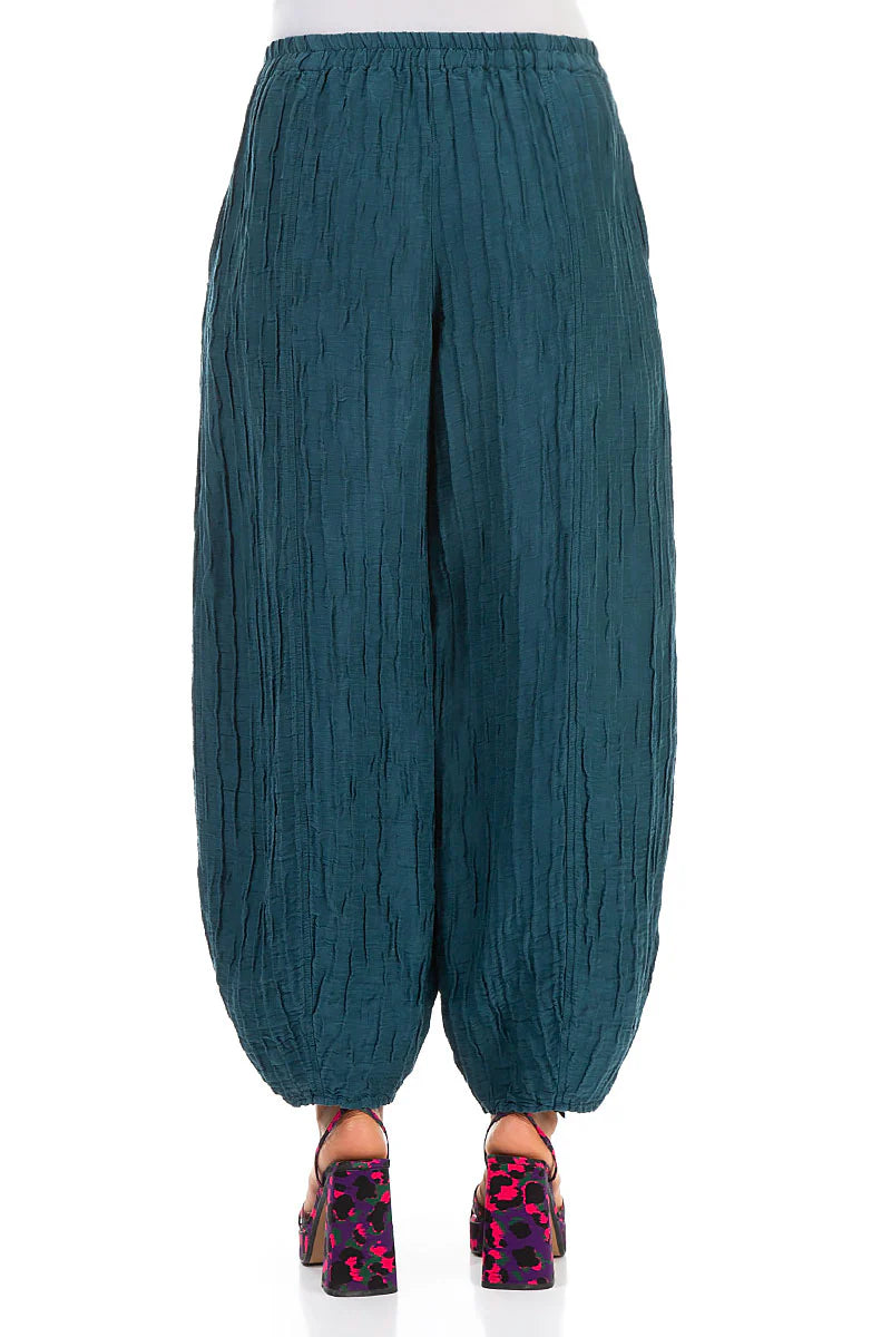 GRIZAS TAPER DARK TEAL CRINKLED SILK LINEN TROUSERS