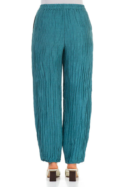 GRIZAS TAPERED TURQUOISE CRINKLED SILK PANTS