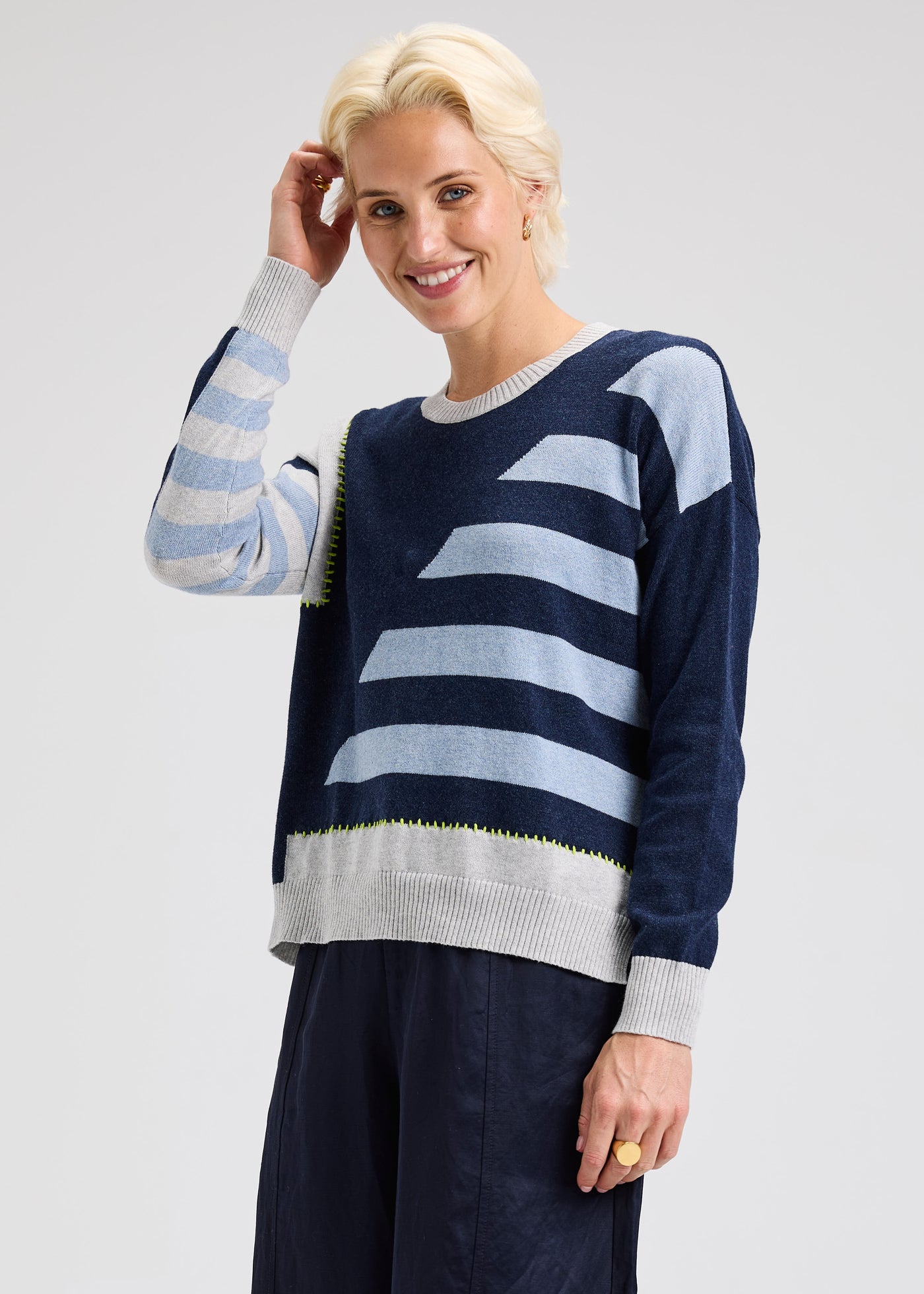 ZAKET & PLOVER – HANDWORK STRIPE SWEATER – DARK DENIM – ZP7531U