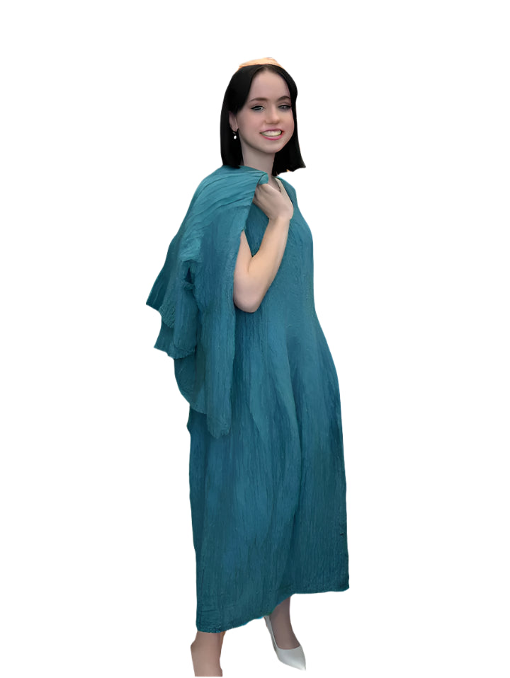 SLEEVELESS BALLON CRINKLED TURQUOISE SILK LINEN DRESS