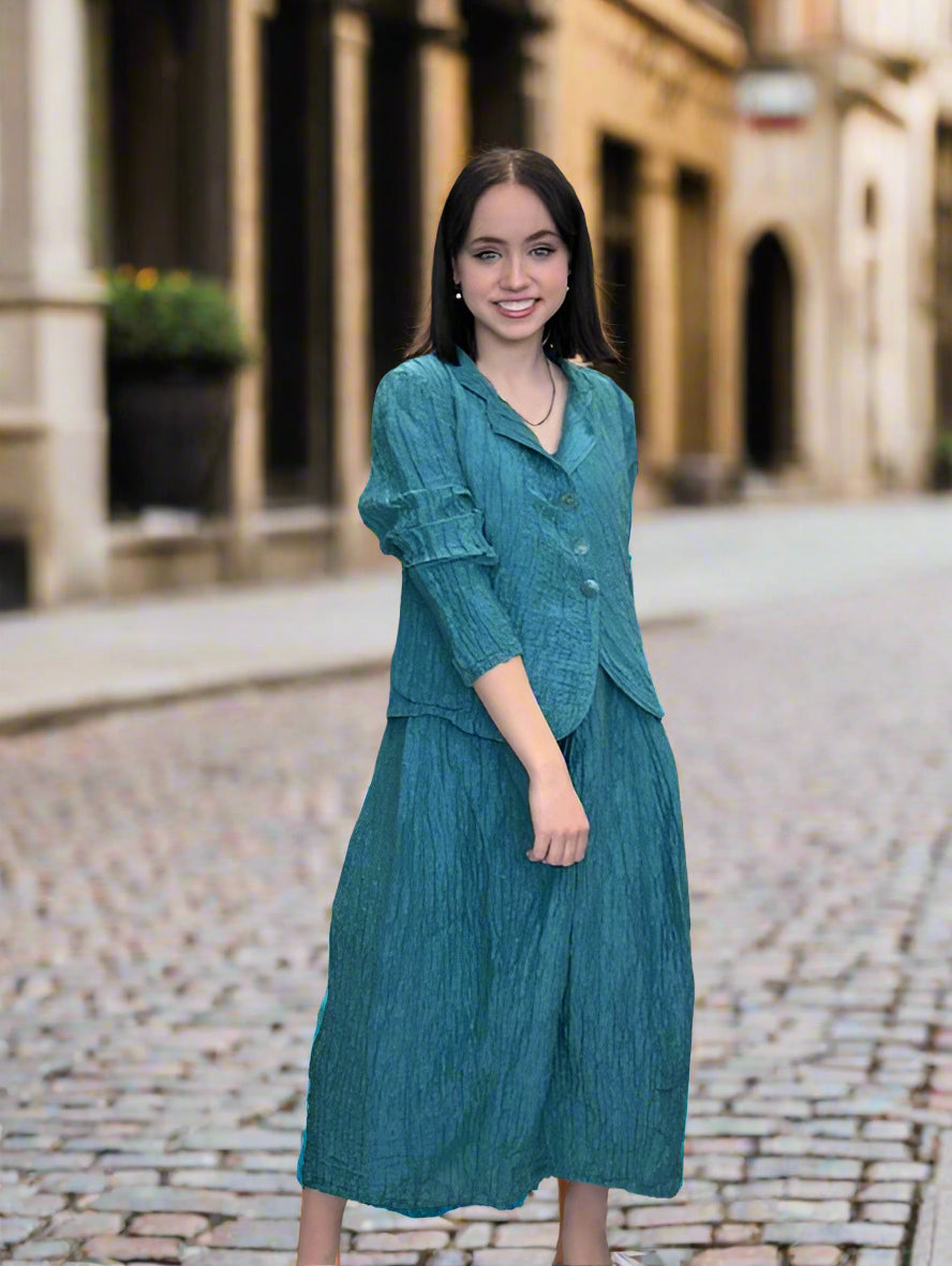 GRIZAS SLEEVELESS BALLON CRINKLED TURQUOISE SILK LINEN DRESS  Cest Naturel  Boutique